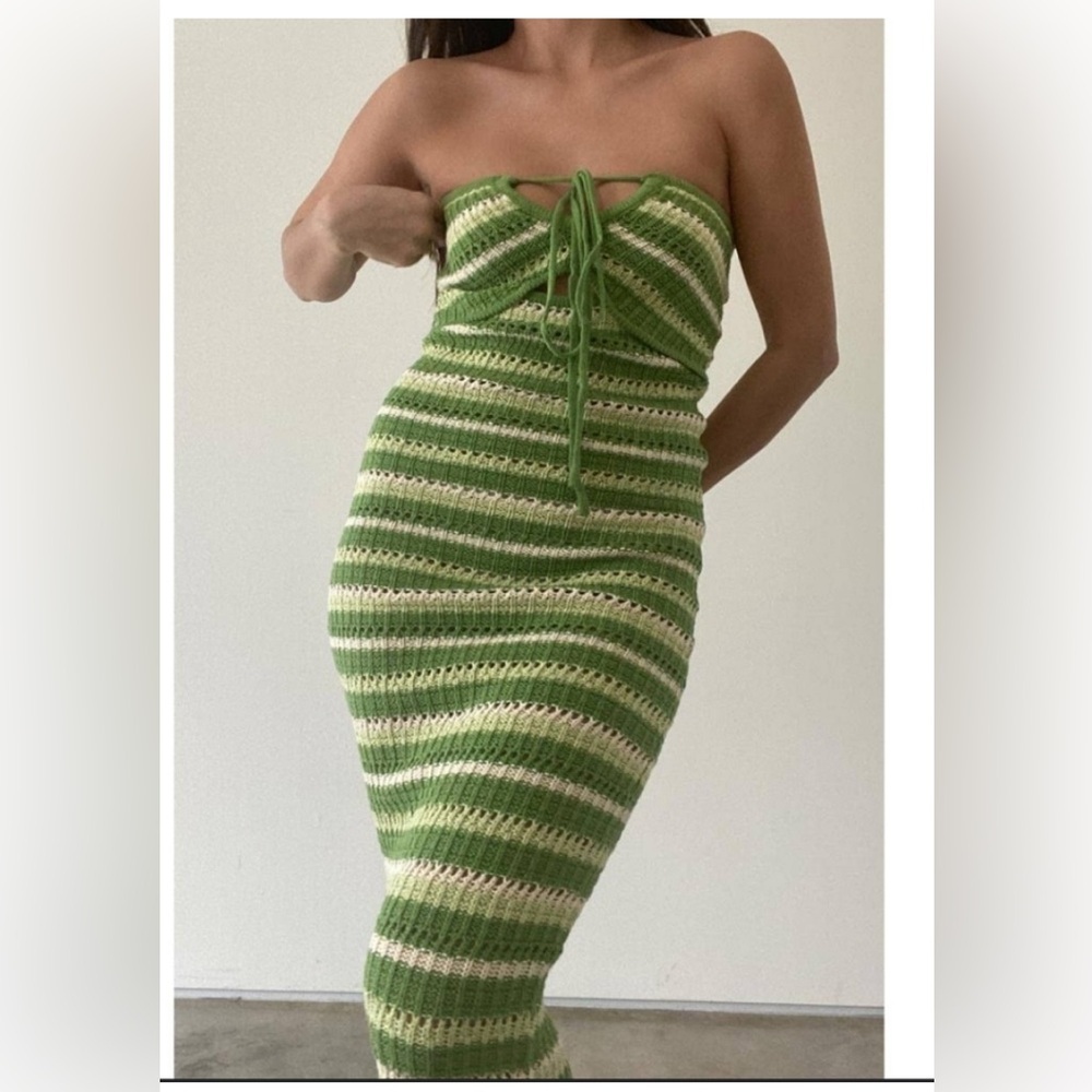 Sincerely Jules Green and Cream Striped Crochet Maxi Dress